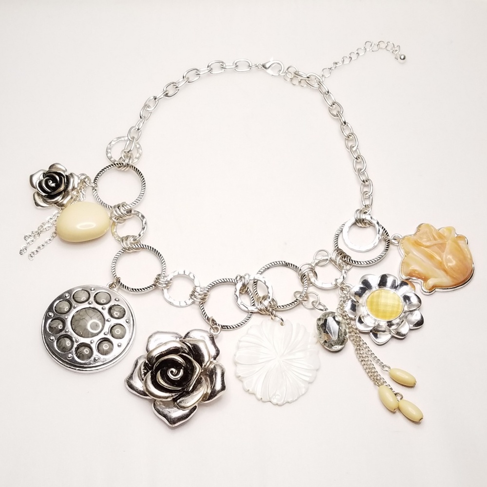 Statement Silver Shell Rose Flower Charm Necklace - image 2